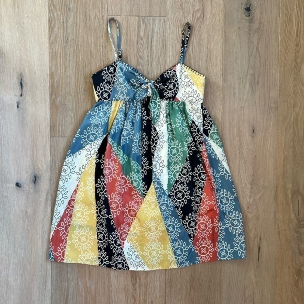 BCBG MAXAZRIA Spaghetti Strap Quilt Patchwork Mini Baby-doll Dress Bow Chest - Picture 2 of 16